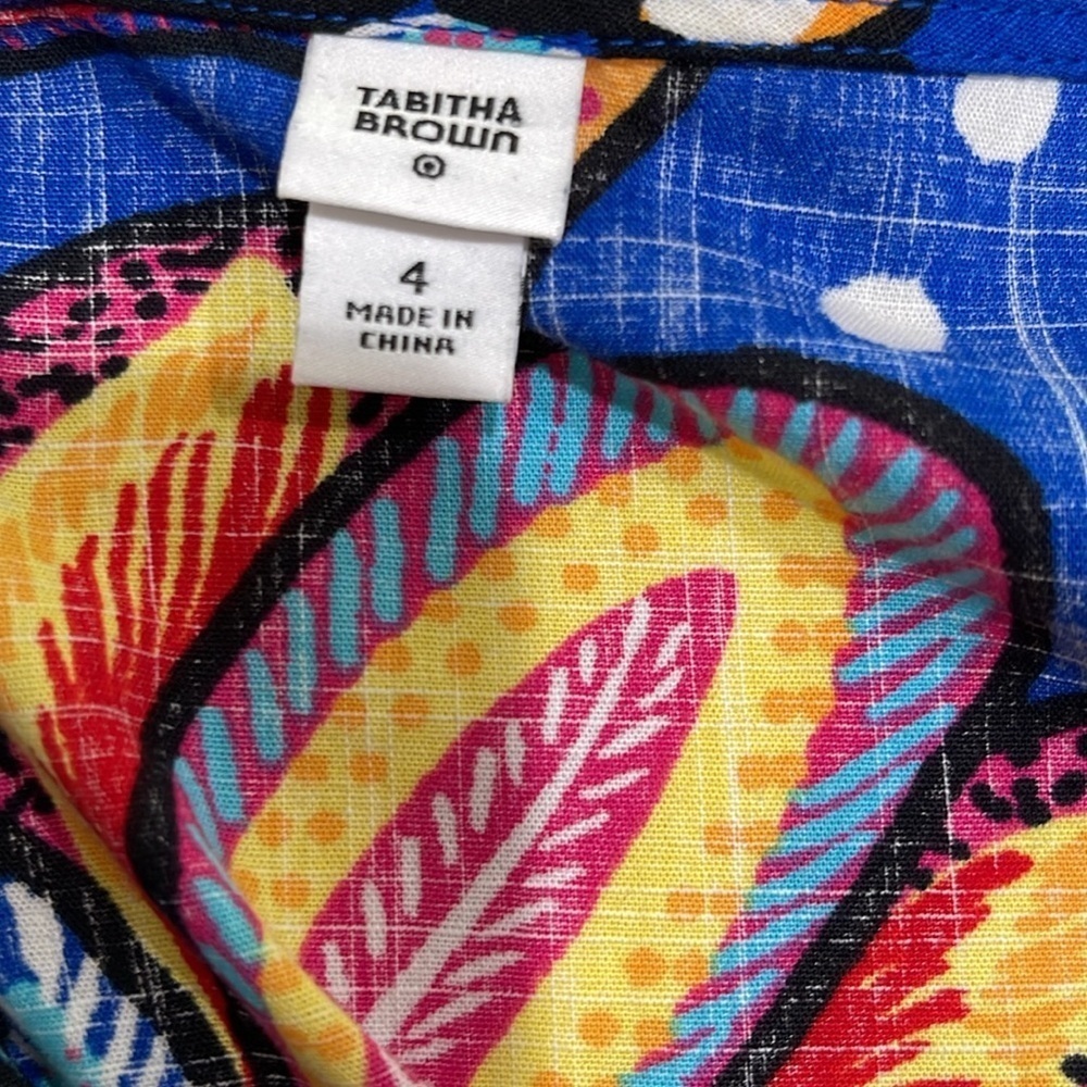 Tabitha Brown Vibrant Tropical  Floral V Neck Puff Sleeve Midi Dress SZ 4 Blue - Picture 6 of 7